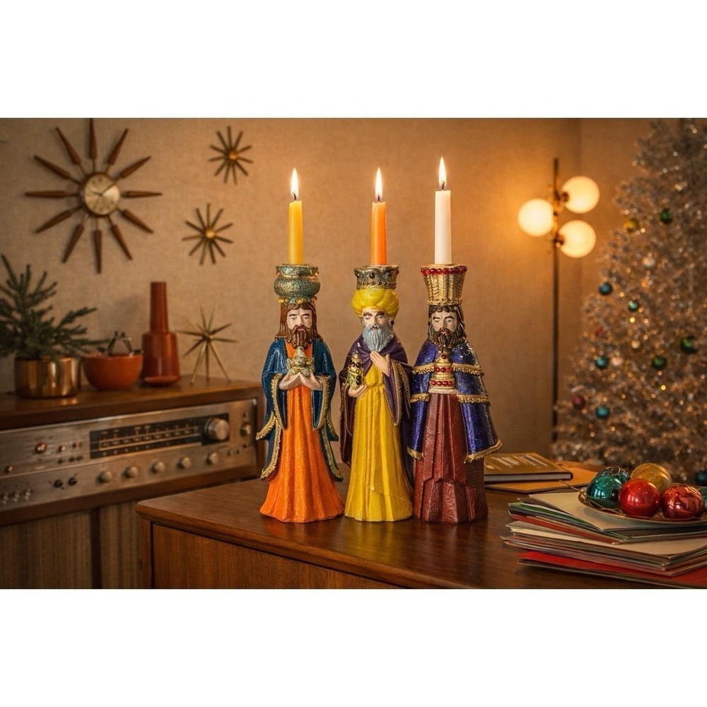 Set of 3 VTG Wise‎ Men Candlestick Holders Jeweled Fringe Nativity Kings MCM
